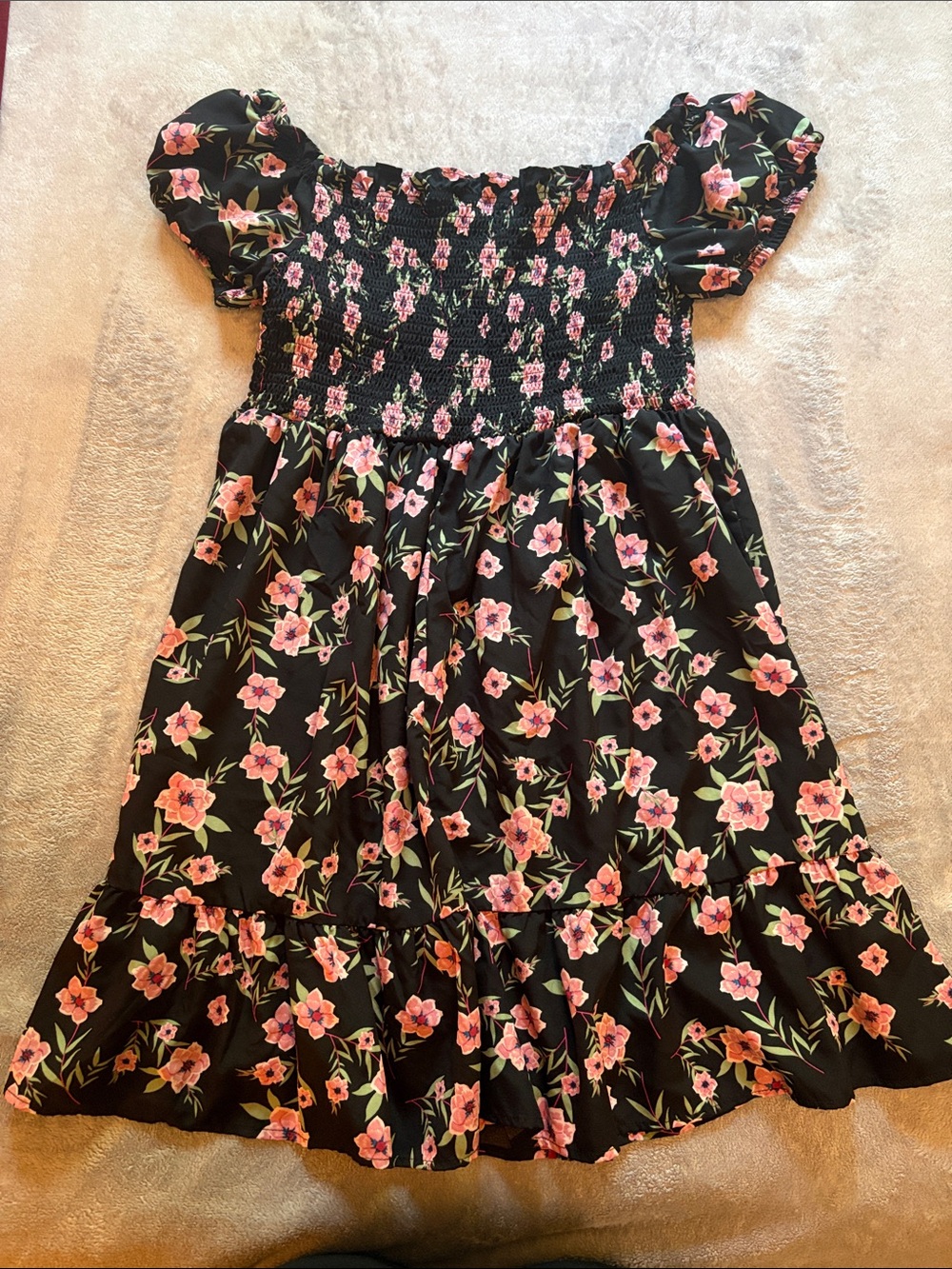 SHEIN Black Midi Dress with Pink Floral Print